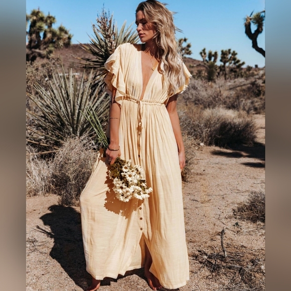 New Gauzy Cover Up Maxi Dress Button Front Deep Plunge Beige Ivory - Picture 3 of 10